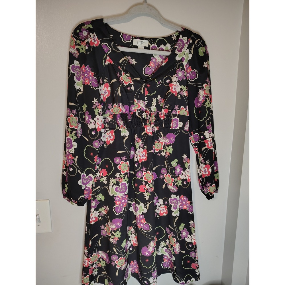 Ann Taylor Loft Floral Empire Waist Long Sleeve Mini Dress Black Purple Size 2